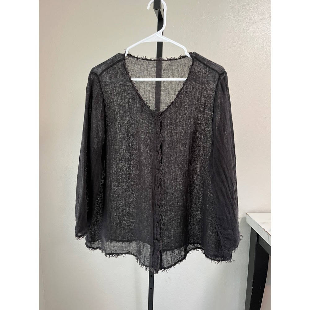 Eileen Fisher Button Up Black Linen Top Lagenlook Raw Edge Lightweight L XL